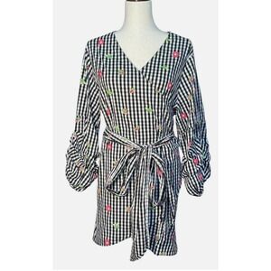 Monroe & Main Womens Plus 1X Gingham Floral Embroidered Wrap Dress Ruched Sleeve